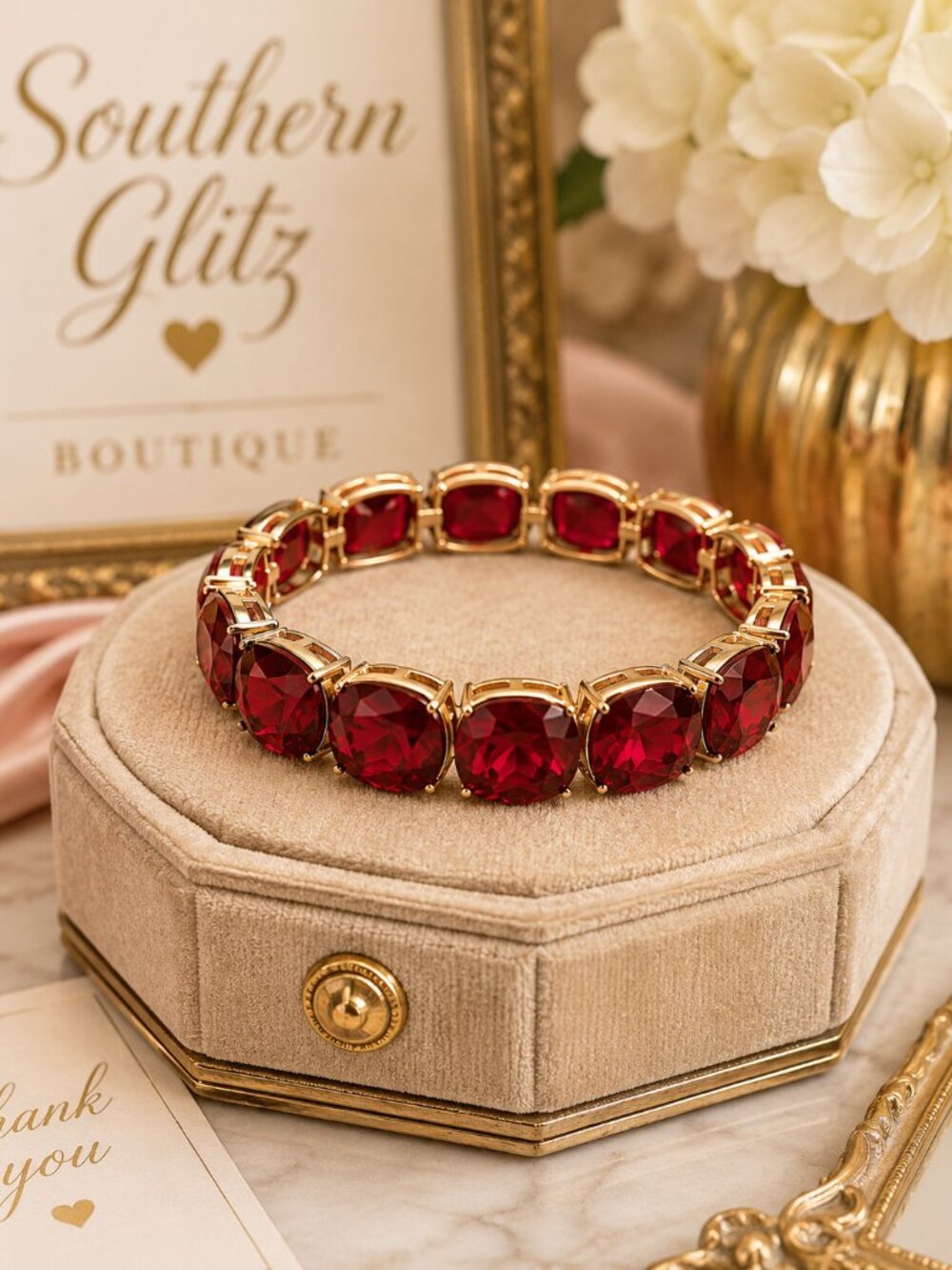 Ruby Red Crystal Bracelet, Gold Statement Bracelet, Red Gemstone Jewelry, Game D